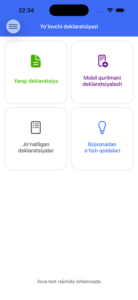 Yo'lovchi deklaratsiyasi - Main menu of the Yo'lovchi deklaratsiyasi app showing options for new customs declarations and rules.