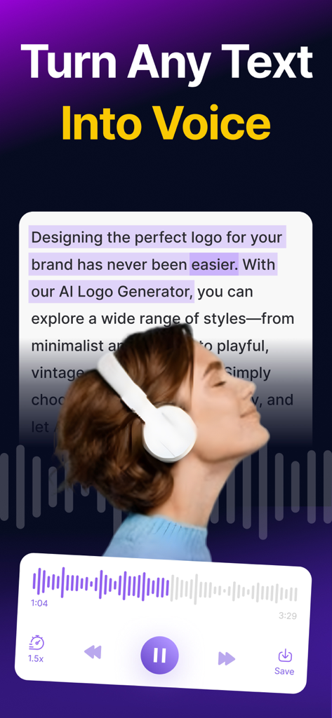 Text to Speech - Audio Books - Mobile app interface showing text being converted into a natural AI voice with an audio player and a woman listening with headphones