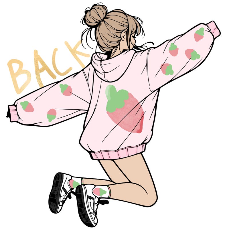 realistic girl jumping with a bun and oversized sweatshirt