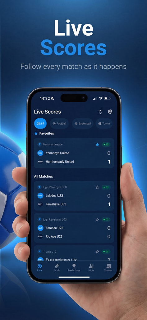 Sports Insights: Odds Compare - スポーツインサイトアプリでライブのサッカーの試合スコアを表示するスマートフォンを持つ人
