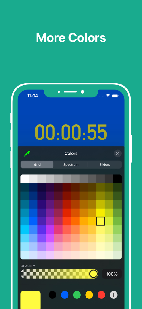 フローティングクロックアプリ内で、時計の美学をカスタマイズするためのグリッドカラーピッカーと不透明度スライダーを表示する画面