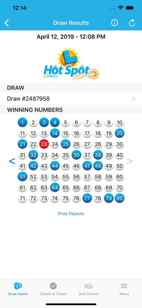 Pantalla de la app de la Lotería de California mostrando los resultados del sorteo Hot Spot y los números ganadores