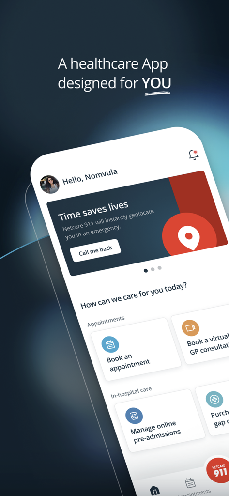 Netcare - Netcare mobile app dashboard showing emergency geolocation, appointment booking, and telehealth services.