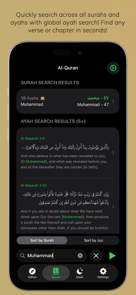 Eine mobile App-Oberfläche, die globale Suchergebnisse für Koranverse und -kapitel anzeigt.