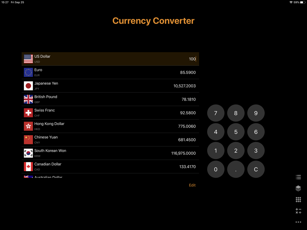 Currency converter interface within the Calculator for iPad app showing global exchange rates and a numeric keypad