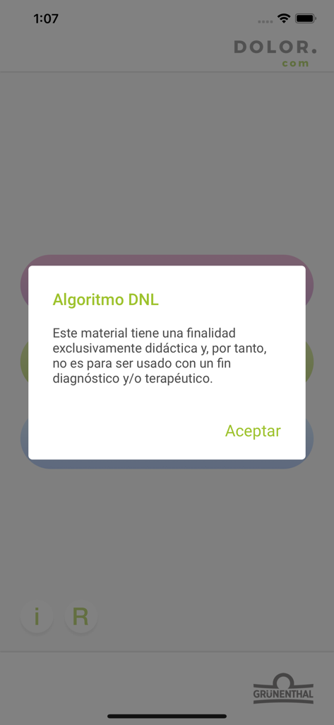 App Dolor.com - Ventana emergente de descargo de responsabilidad en español para el algoritmo DNL en la interfaz de la aplicación médica App Dolor.com.