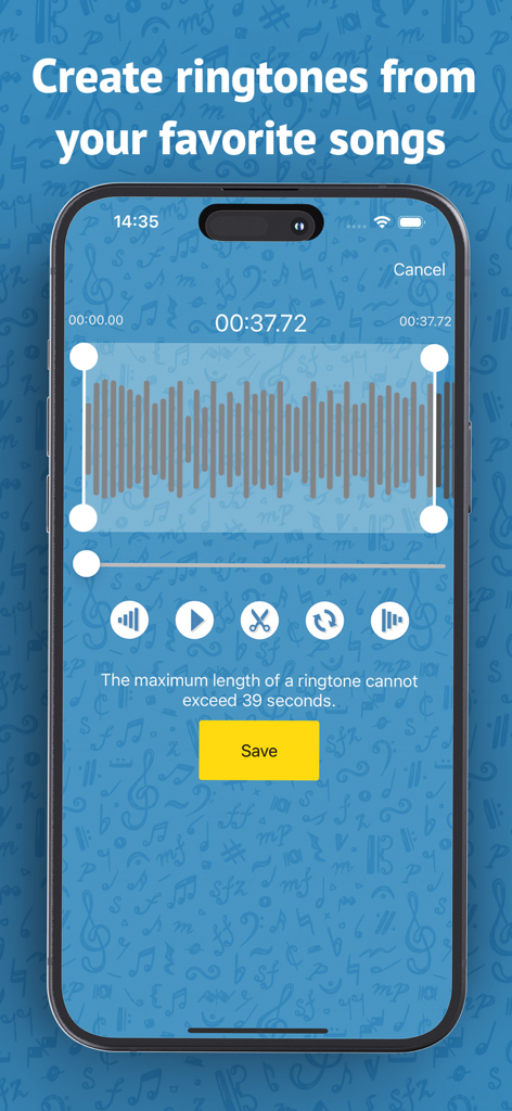 Best Ringtones 2026 for iPhone - Interface do usuário para criar toques personalizados a partir de músicas favoritas em um iPhone
