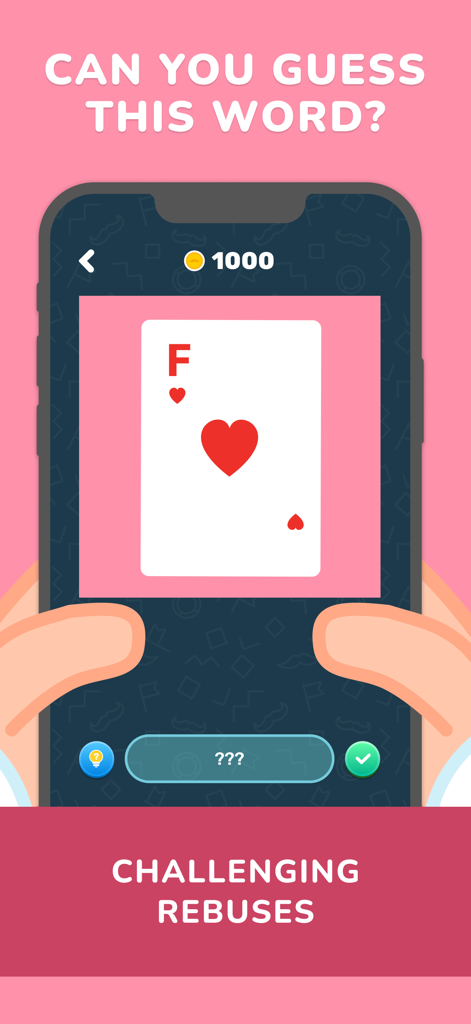 Mister Rebus - Una pantalla móvil que muestra un acertijo visual de 'rebus' con una carta de juego y la letra F del juego Mister Rebus.