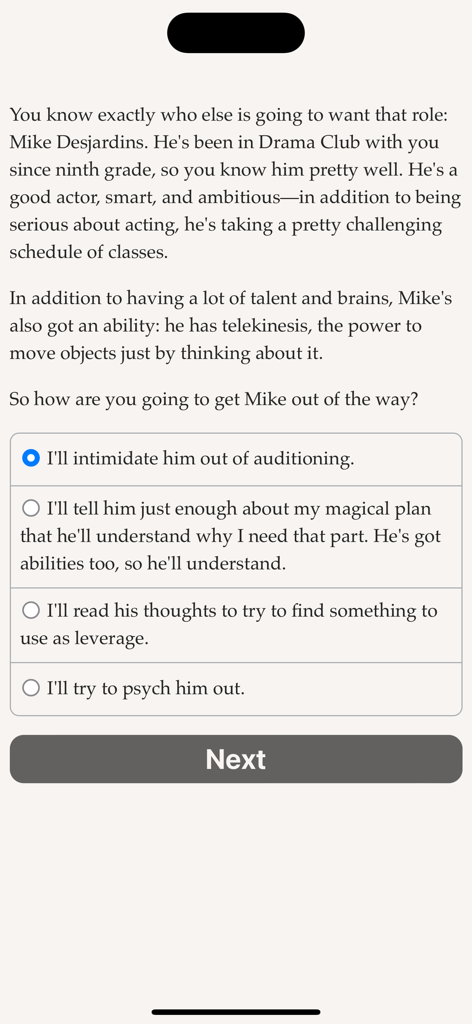 A text based choice screen in the Psy High game where the player decides how to handle a rival