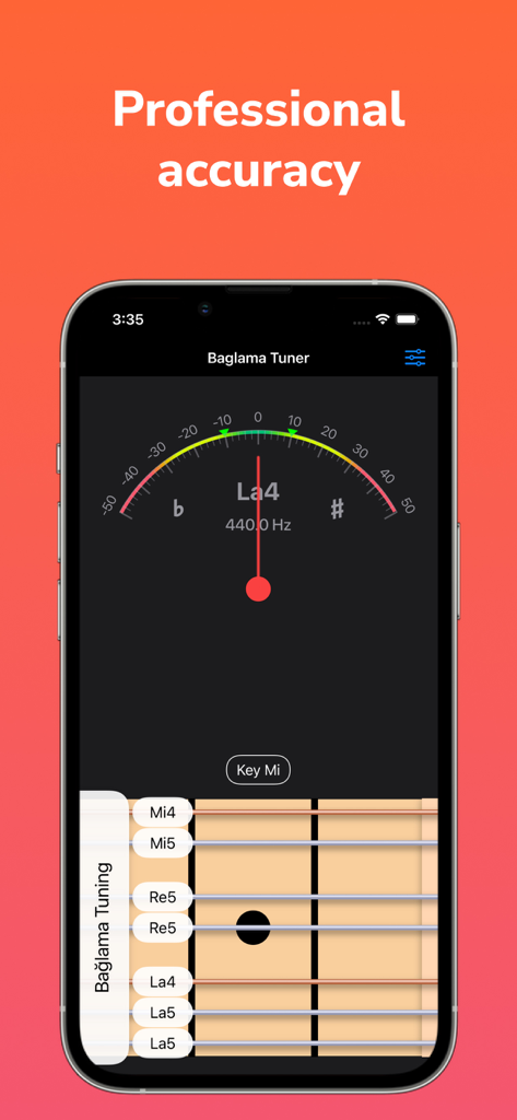 Baglama Tuner mobile app interface showing a tuning meter for professional accuracy and string labels on a smartphone screen