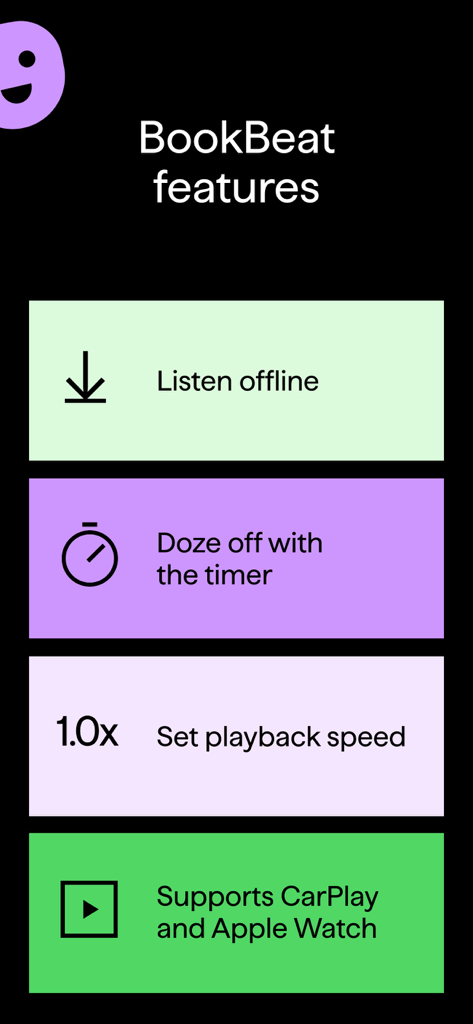 BookBeat: Audiobooks & E-books - オフライン再生、スリープタイマー、再生速度調整、CarPlayおよびApple Watchへの対応など、BookBeatアプリの機能リスト