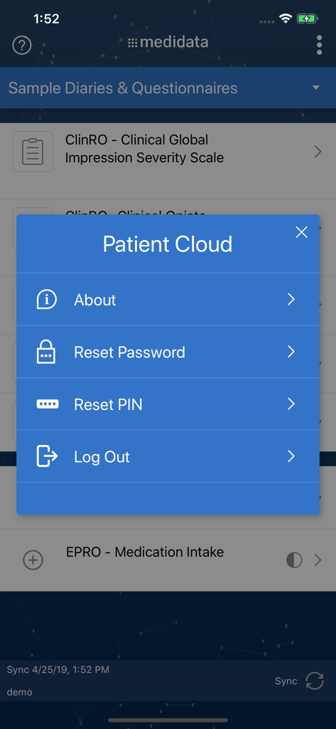 Patient Cloud - The account settings menu in the Patient Cloud clinical trial app showing options for reset password and reset PIN.