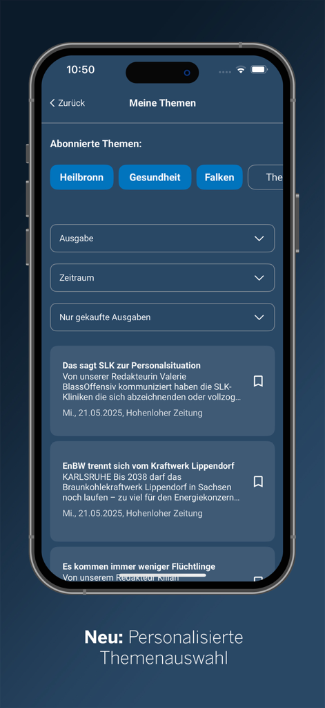 Personalized topic selection screen in the Stimme App news application