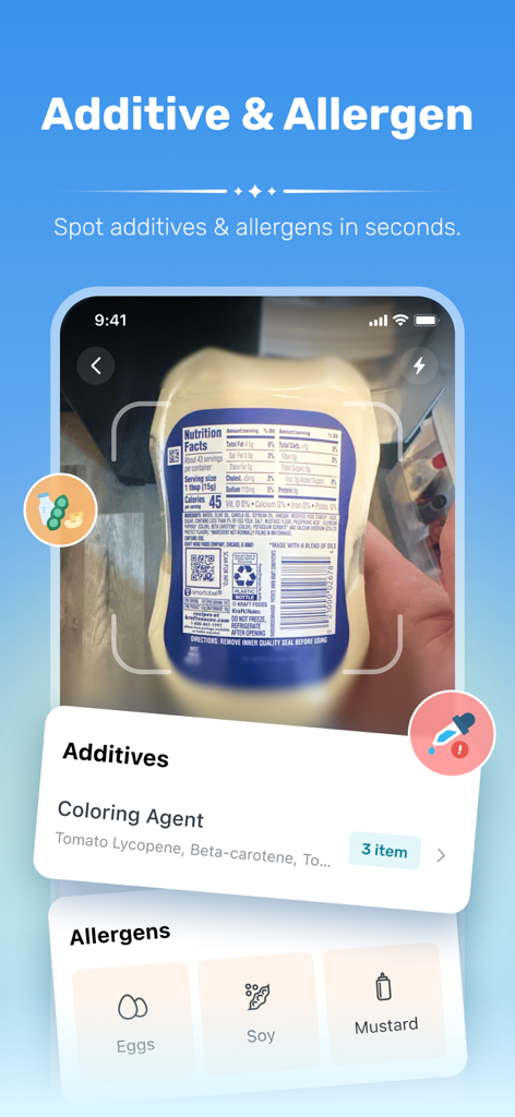 WiseMeal: Al Calorie Tracker - La aplicación WiseMeal escaneando la etiqueta nutricional de un alimento para identificar aditivos y alérgenos como huevo, soja y mostaza