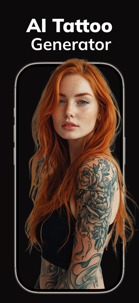AI Tattoo Design Generator Ink - AI tattoo generator app showing a floral sleeve tattoo design on a woman arm