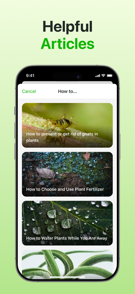 Plant Identifier & Care App - Interfaz de la aplicación Botan que muestra artículos útiles sobre el cuidado de plantas, incluido el control de plagas y la fertilización.