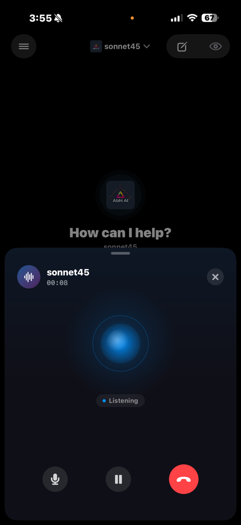 Open UI app displaying its native iOS voice call interface with an active listening state and call controls