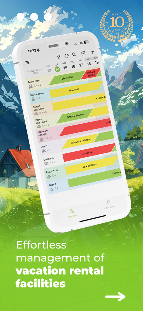 Interface de l'application mobile BedBooking affichant un calendrier de réservation de propriétés