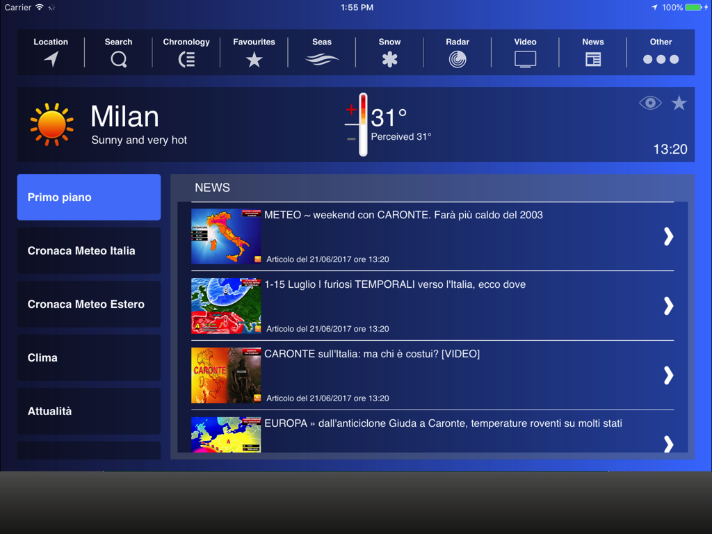 Previsioni meteo per Milano e feed di notizie sull'interfaccia dell'app Meteo HD per iPad