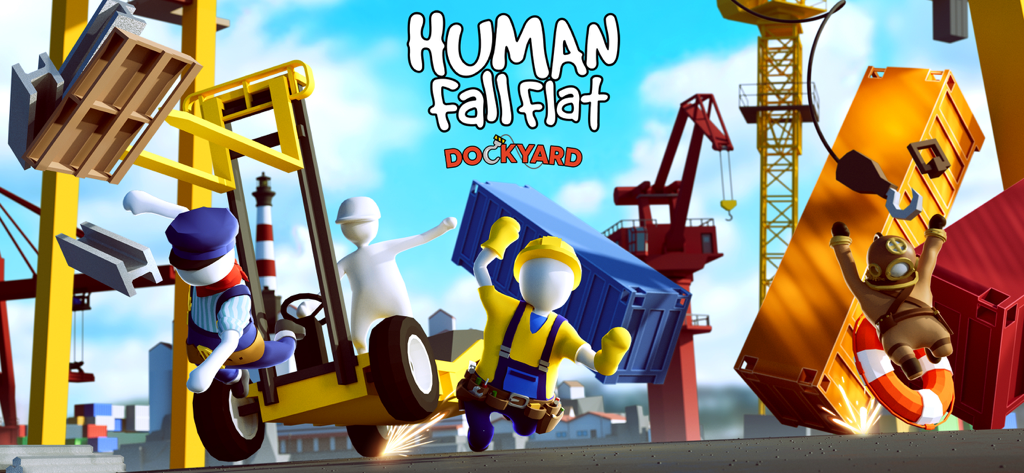 Customized characters in a chaotic dockyard scene from Human Fall Flat