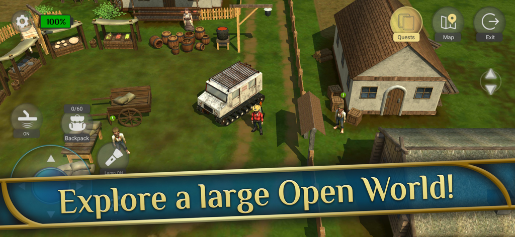 Ein Charakter steht neben einem Kettenfahrzeug in einem Dorf in Treasure Hunter World mit der Bildunterschrift 'Erkunde eine große offene Welt'