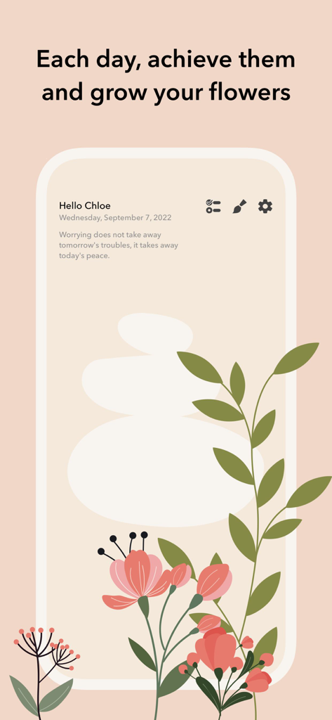 Eden App-Oberfläche, die einen minimalistischen Blumengarten und ein Achtsamkeitszitat zur Gewohnheitsverfolgung zeigt.