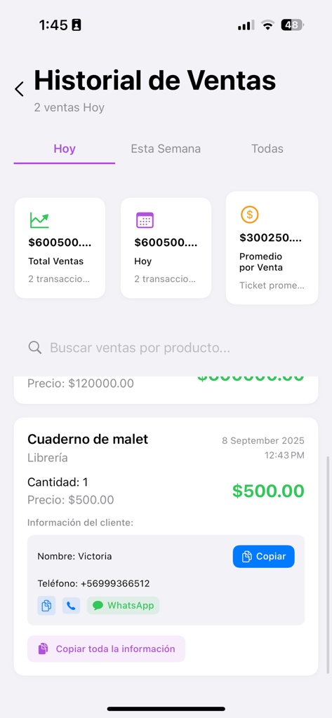 Inventario y Venta - Schermata dell'app mobile che mostra le metriche della cronologia delle vendite e un record dettagliato delle transazioni dei clienti