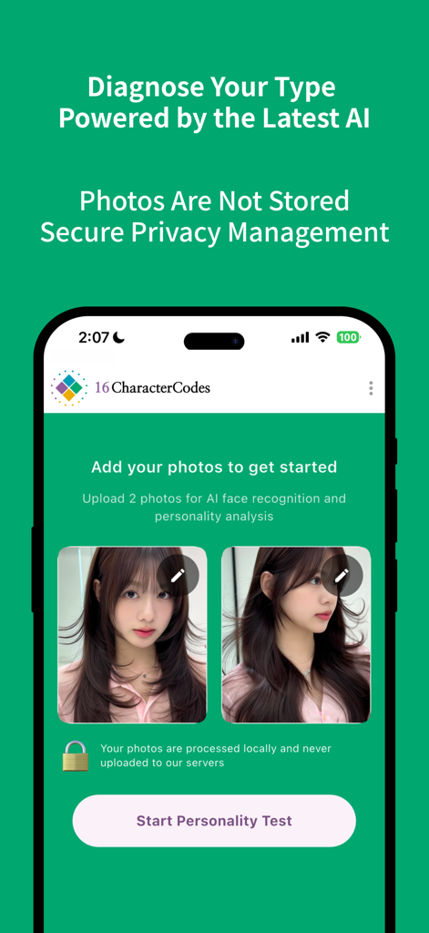 Screenshot of the 16CharacterCodes app showing the photo upload screen for AI personality diagnosis with a privacy guarantee.
