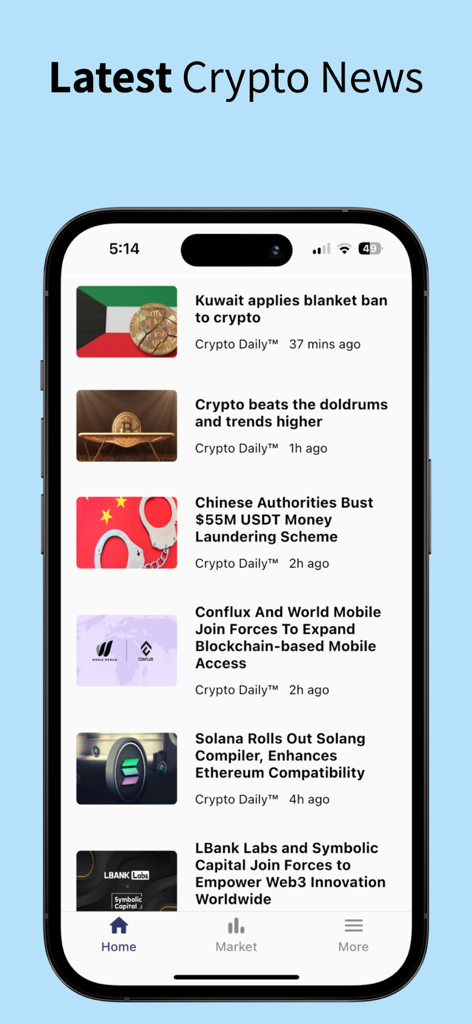 Captura de pantalla de la aplicación Crypto Daily que muestra una lista de los titulares de noticias de criptomonedas más recientes en un smartphone.