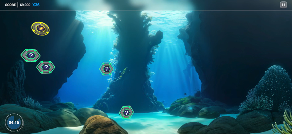 Brain Balance Cognitive App - Interfaccia di gioco di allenamento cognitivo a tema subacqueo con icone di memoria esagonali e tracciamento del punteggio