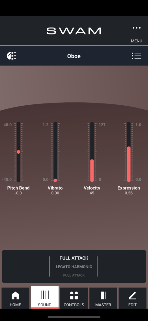 SWAM Oboe - Interfaz de controles de sonido de la aplicación SWAM Oboe para iOS con deslizadores para bend de tono, vibrato, velocidad y control de expresión