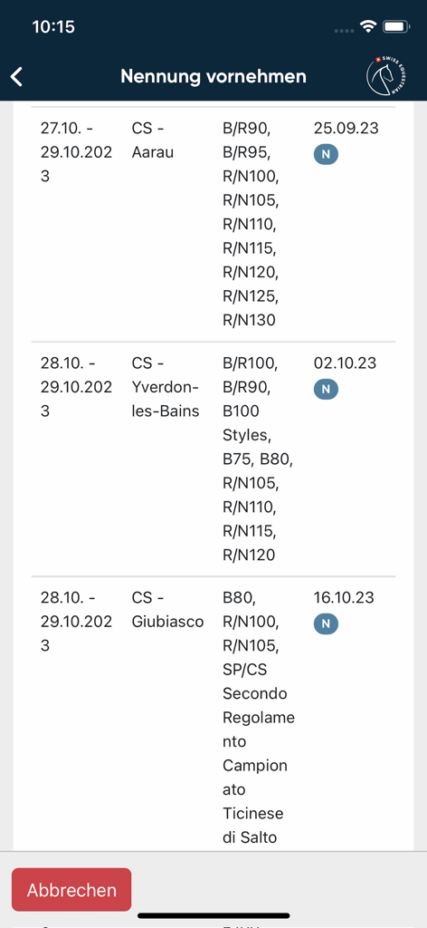 Swiss Equestrian - Equestrian competition registration list showing dates and locations
