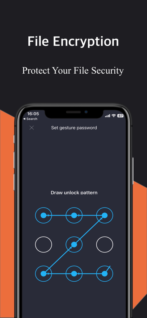 Unzip - Zip RAR 7Z File Viewer - Pantalla de cifrado de archivos de la aplicación Unzip mostrando un patrón de desbloqueo gestual para seguridad.