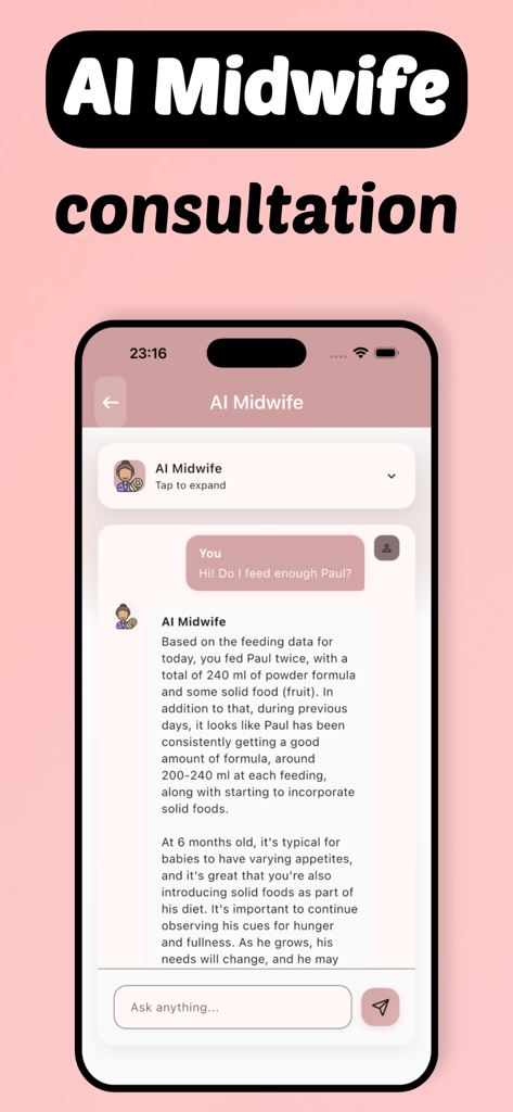 Interface of the AI Midwife feature in My Avocado app showing a chat conversation about baby feeding advice