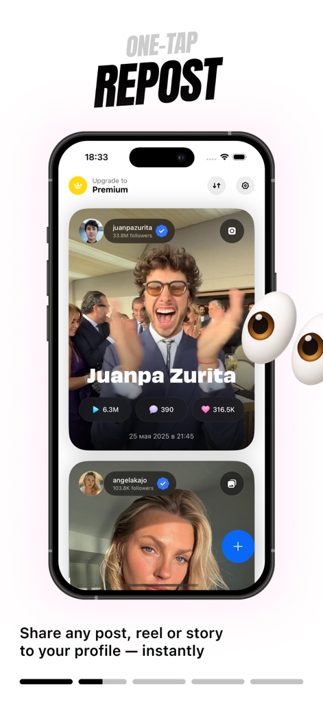 Repost Instant #Repost - A mobile screen showing the Repost Instant app interface for sharing Instagram posts reels and stories with one tap