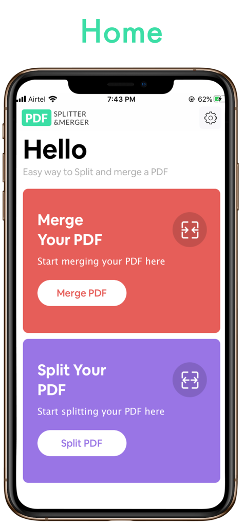 PDF Slicer - PDF Slicerモバイルアプリのインターフェース。PDFの結合と分割オプションが表示されています。