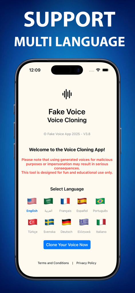 Interfaz de la aplicación Fake Voice que muestra la selección de múltiples idiomas para la clonación de voz IA