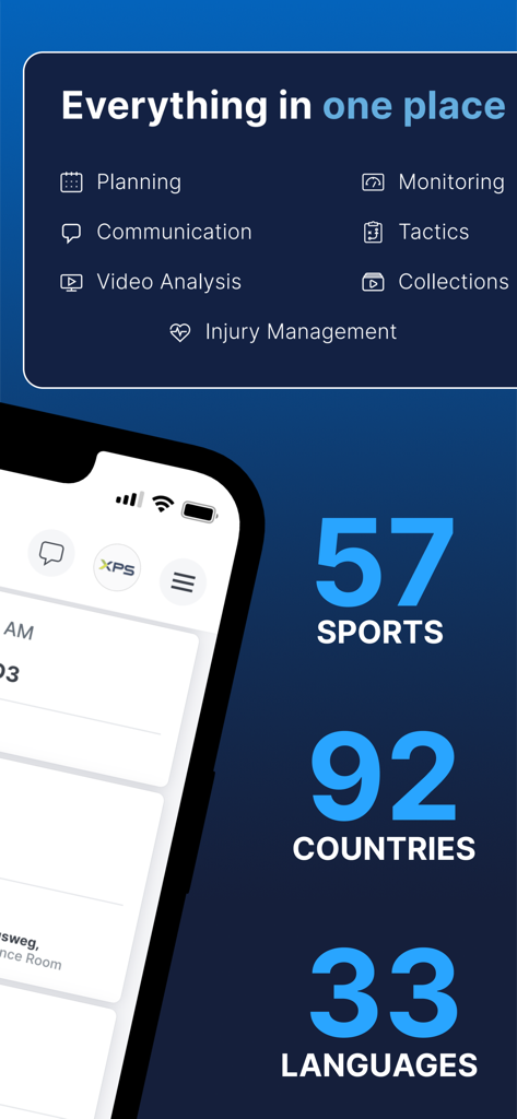 XPS Network app interface showing sports management features and global statistics