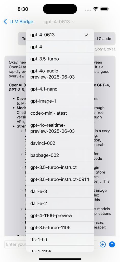 LLM Bridge - Multi LLM Client - A dropdown menu in the LLM Bridge app showing a variety of selectable GPT models from OpenAI