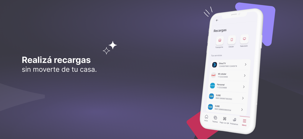 Supervielle - Smartphone screen showing the Supervielle app recharge menu for phone, television, and transport services