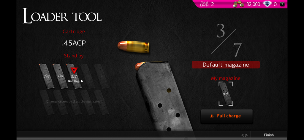 Interfaccia dello strumento di caricamento del simulatore di armi Magnum 3.0 che mostra il ricaricamento del caricatore con cartucce .45ACP