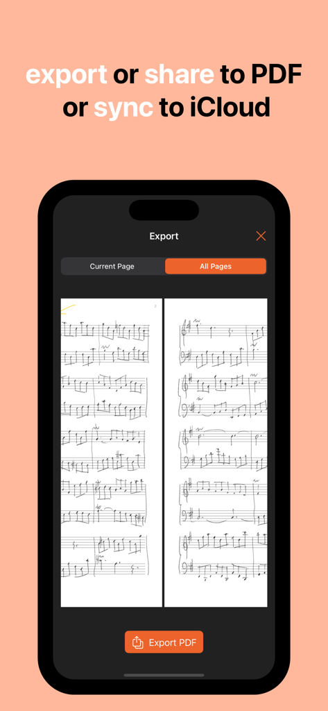 MusicPad - Interfaz de la aplicación MusicPad en iPhone mostrando opciones para exportar música escrita a mano como PDF o sincronizar con iCloud