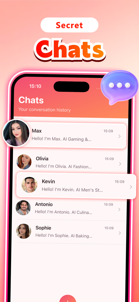Zella - Chat & Match - Captura de tela do aplicativo Zella mostrando uma lista de conversas de chat de IA com vários personagens como Max, Olivia e Kevin.
