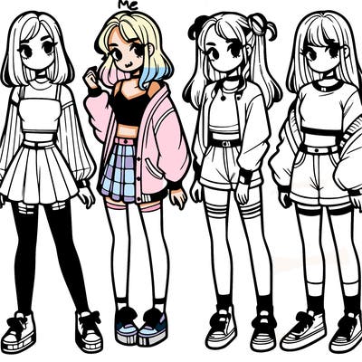 one girl with crop-top shirt and a jacket with a skirt, long socks and another girl with a shirt and pants with a jacket