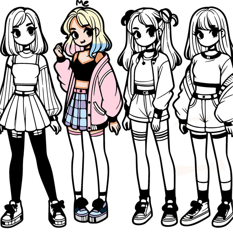 one girl with crop-top shirt and a jacket with a skirt, long socks and another girl with a shirt and pants with a jacket