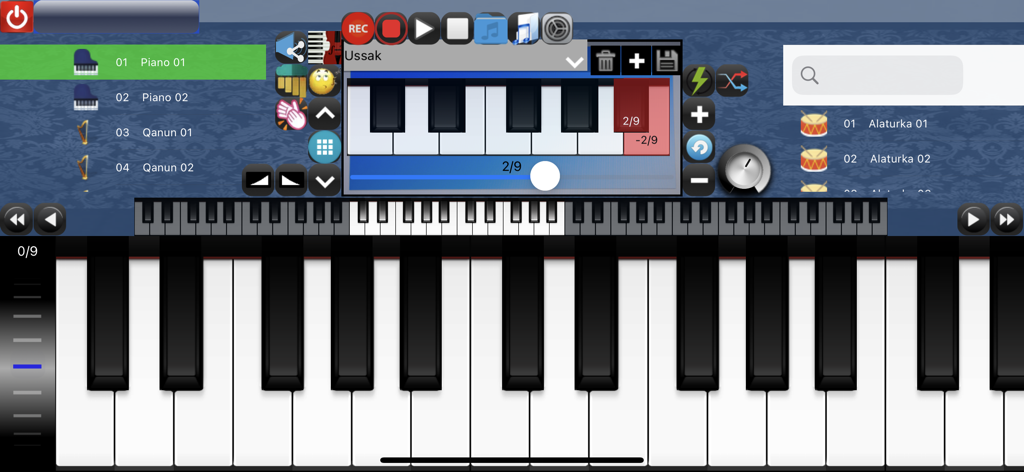 Portable ORG PRO - Interface do aplicativo Portable ORG PRO apresentando um teclado digital e configurações de escala de música tradicional do Oriente Médio