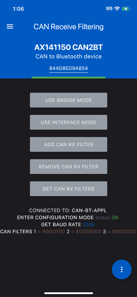 CAN2BLE Configuration - CAN Receive Filtering screen in the CAN2BLE Configuration app