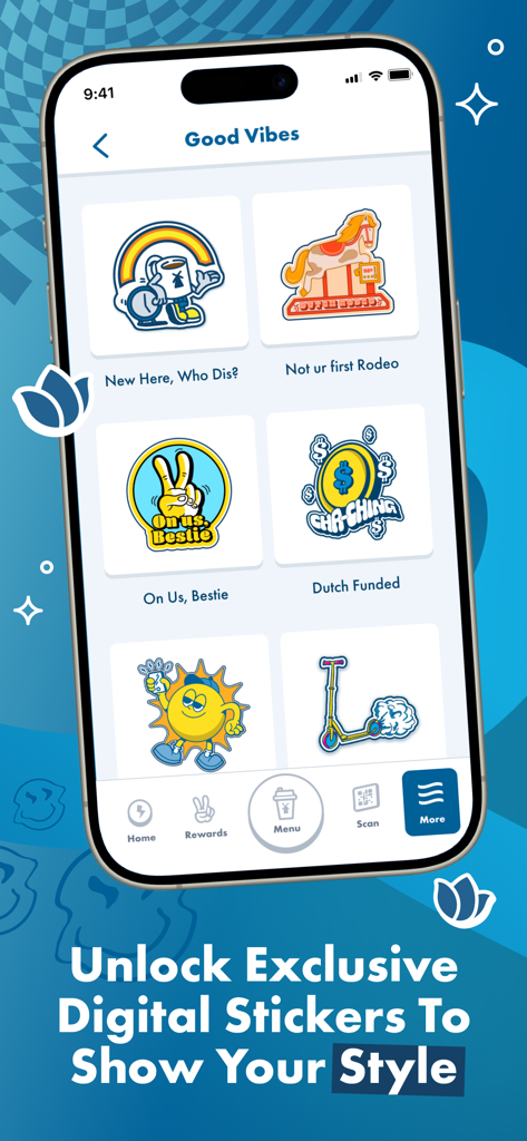 Bildschirm der Dutch Bros App, auf dem exklusive digitale Sticker zur Personalisierung durch den Benutzer angezeigt werden.