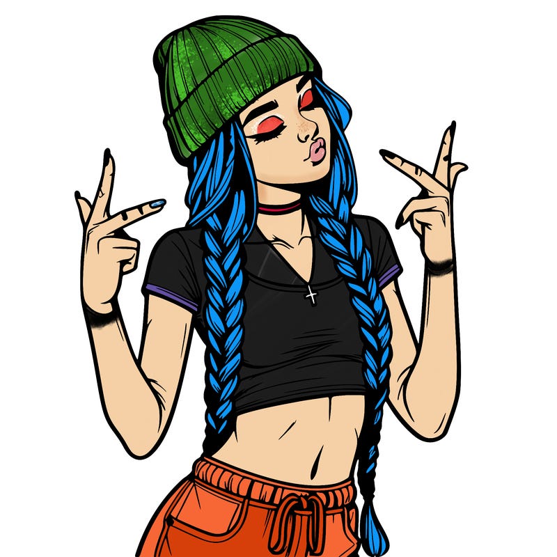 realistic teenage girl with braids and a beanie and crop top doing 🫶🏼