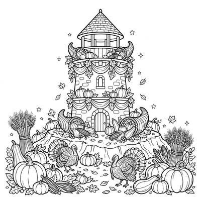 Celebrate the season of gratitude with this unique Thanksgiving watchtower coloring page. Adorned with abundant harvest decorations, friendly turkeys, and festive gourds, it's a perfect blend of history and holiday spirit.